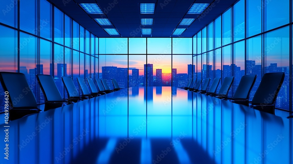 Poster Corporate boardroom full of executives with subtle suspicious body language and uneasy expressions Stock Photo with side copy space