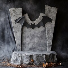 Spooky Bat Silhouette Looming Over Grungy Stone Tomb in Haunting Autumn Scenery