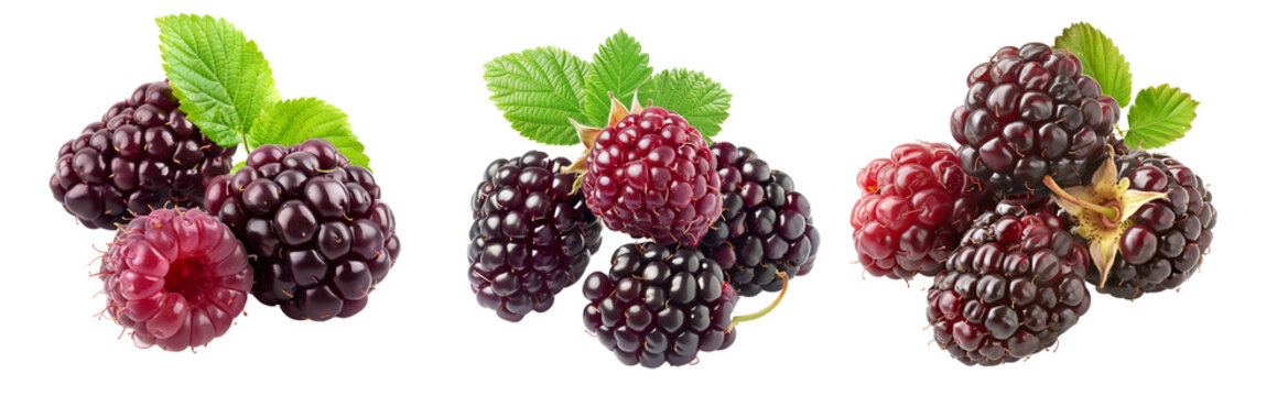 Fresh ripe tayberry or loganberry with green leaves, isolated on a white transparent background. Concept of healthy eating, summer fruits, and organic food