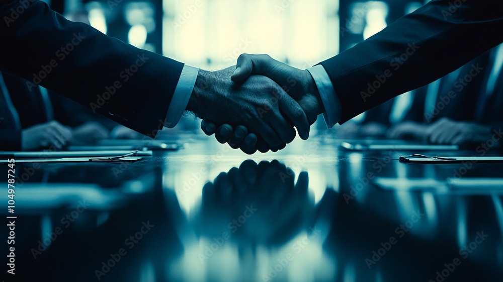 Poster Boardroom scene with under-the-table handshakes and suspicious exchanges between partners Stock Photo with side copy space