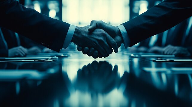 Boardroom scene with under-the-table handshakes and suspicious exchanges between partners Stock Photo with side copy space