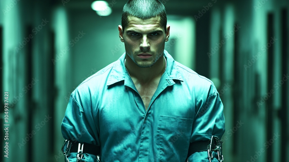 Poster businessman in cuffs walking through a corporate hallway with tense expression stock photo with side