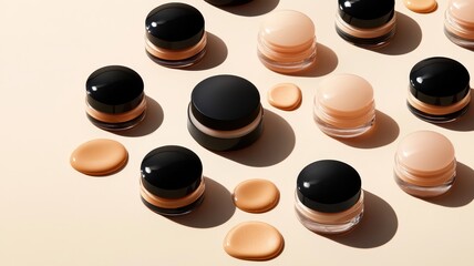 Obraz premium Bottles of makeup foundation,Collection of skin foundation bottles in different shades and samples on color background,makeup essentials,Liquid foundation and swatche,copy space.