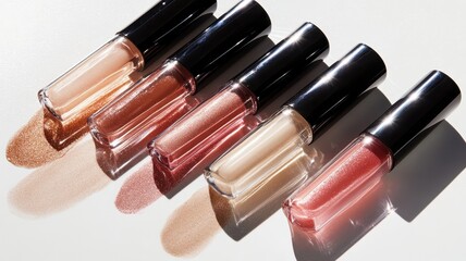 Obraz premium Beige nude tone lipstick make up isolated on a studio background,natural Liquid lipsticks,makeup cosmetic lips, product mockup for beauty fashion business,sale,swatch color,template.