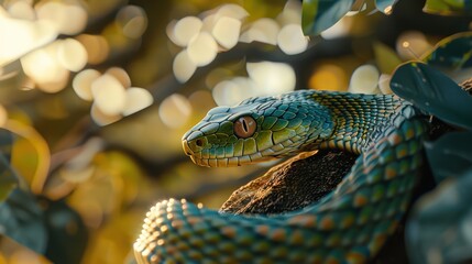 Fototapeta premium Very fierce and dangerous green snake looks beautiful