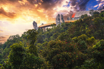 Golden Bridge of the Hand of God at the Sun World Ba Na Hills amusement Park in Da Nang in Vietnam...