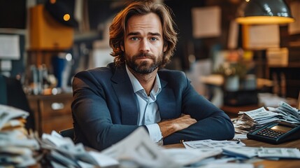 Obraz premium CEO in a suit sitting in an interrogation room with piles of financial evidence on the table Stock Photo with side copy space