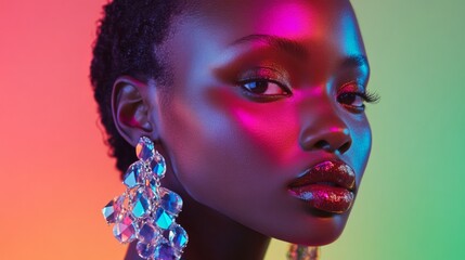 Obraz premium A woman with a bright red lip and a pair of earrings