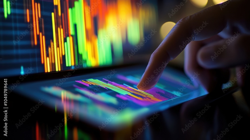 Poster close-up of a finger interacting with a smartphone displaying stock market data