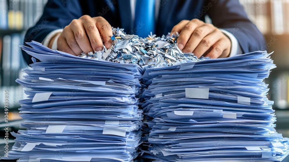 Poster business executive frantically shredding documents and wiping data before a legal raid stock photo w