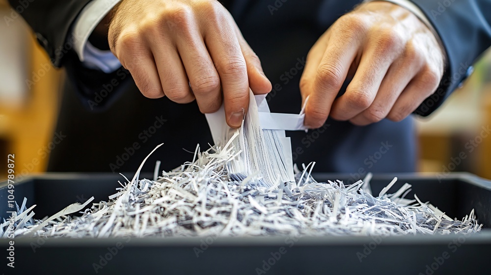 Aufkleber business executive frantically shredding documents and wiping data before a legal raid stock photo w