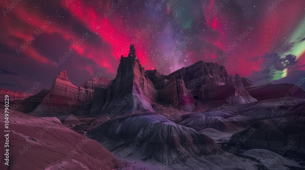 Poster a mesmerizing shot of a high-altitude desert basin with bizarre, wind-sculpted rock formations and a