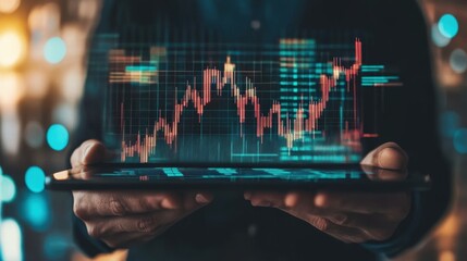 Market Pulse: A double exposure of a man's hands using a device, overlaid with fluctuating forex graphs, capturing the pulse of financial markets