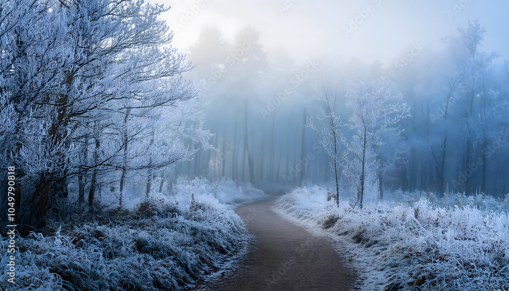 Aufkleber mysterious frosty pathway through enchanted winter forest in soft morning light