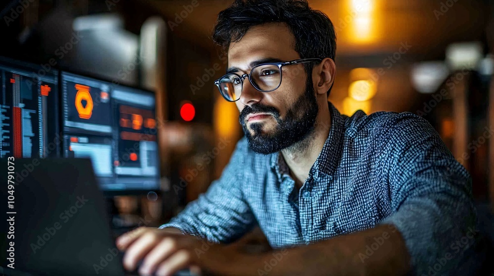 Poster Cybersecurity specialist working on a laptop with multiple security icons and firewall interfaces on screens in a dimly lit room Stock Photo with side copy space
