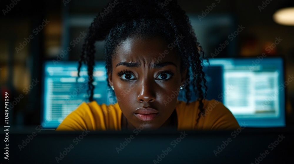 Aufkleber businessperson in a modern office reviewing data breach notifications on a computer while looking st