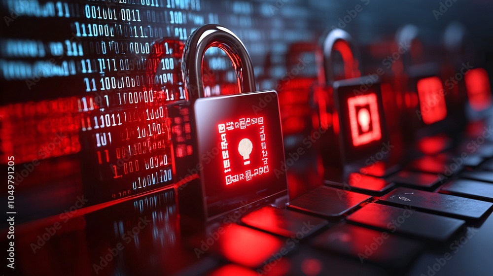 Poster Corporate data center under heavy cyber attack with warning symbols and encrypted codes on monitors Stock Photo with side copy space