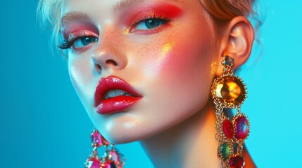 Obraz premium A woman with red lips and blue eyes is wearing gold earrings