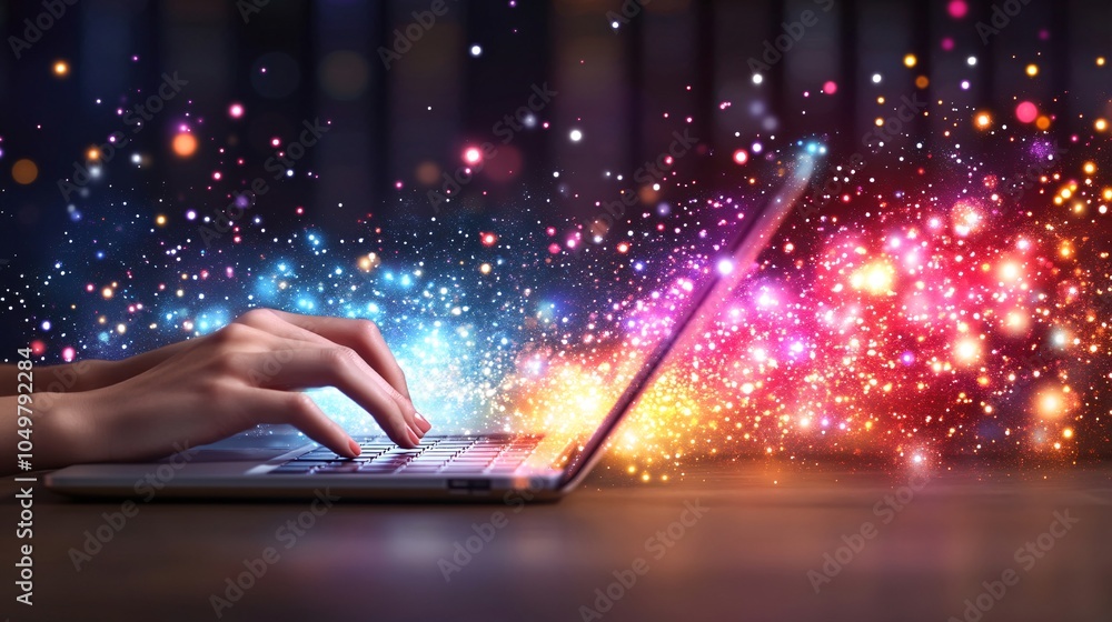 Poster Cybersecurity professional typing on a laptop in a server room full of blinking data lights Stock Photo with side copy space