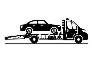 Naklejka premium Tow truck black silhouette. Emergency roadside assistance. Vehicle roadside assistance. A tow truck is transporting a broken down car. Vector illustration flat design. Isolated on white background.