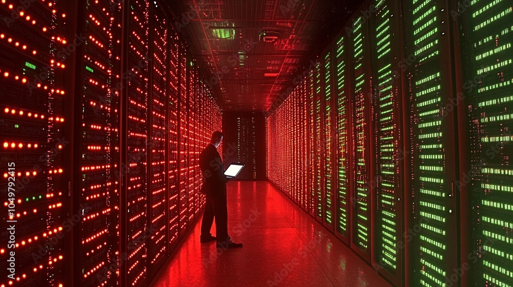 Poster Cybersecurity professional typing on a laptop in a server room full of blinking data lights Stock Photo with side copy space