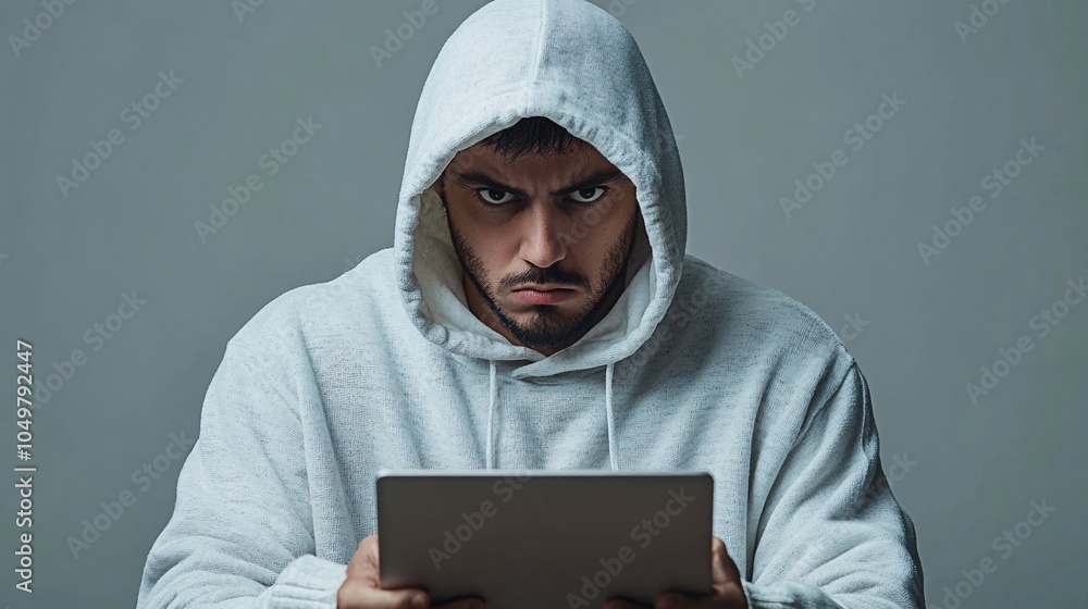 Aufkleber Online shopper concerned about personal data theft while checking out on a secure website Stock Photo with side copy space