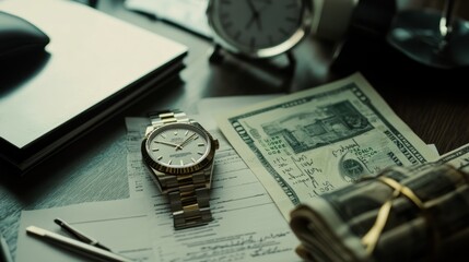 A Luxurious Timepiece Resting on a Desk with a Stack of Cash