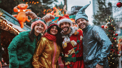 Fototapeta premium Person in costume posing with Friends in front of a holiday display cheerful 