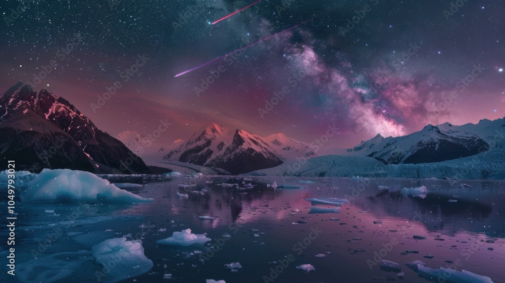 Aufkleber a mesmerizing shot of a high-altitude glacier bay with floating icebergs and a rare, deep red meteor