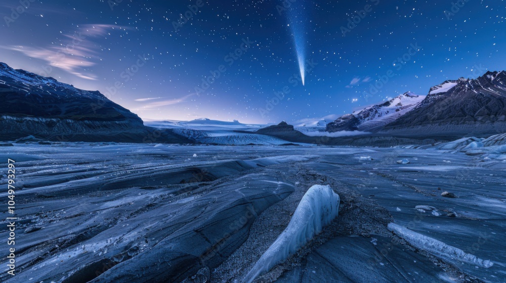 Poster a mesmerizing shot of a high-altitude glacier field with rare, geometric ice patterns and a deep blu