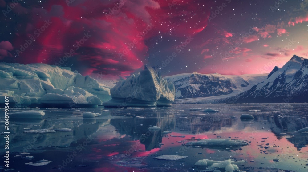 Poster a mesmerizing shot of a high-altitude glacier lagoon with floating, reflective icebergs and a rare, 