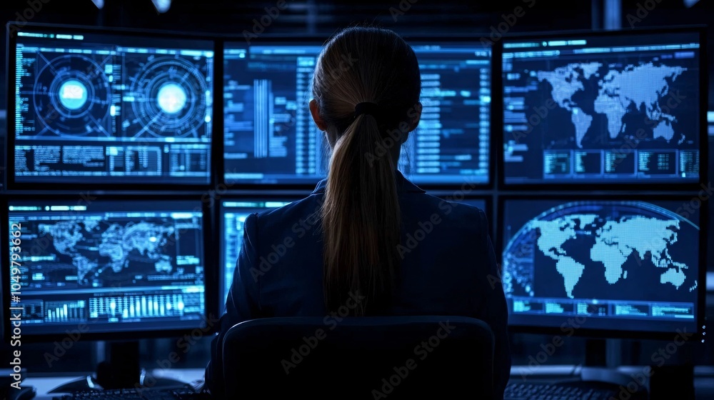 Aufkleber Cybersecurity expert in front of multiple computer screens monitoring digital security protocols Stock Photo with side copy space