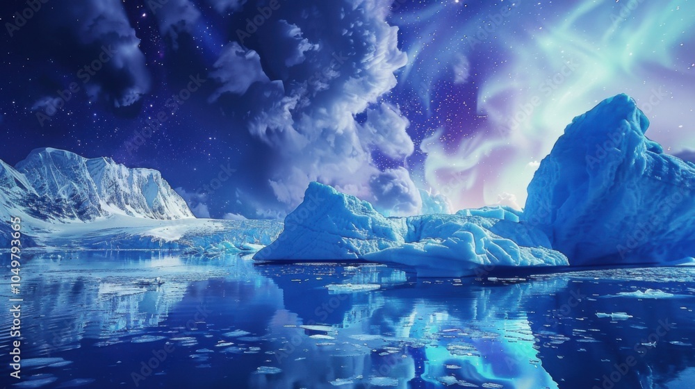 Poster a mesmerizing shot of a high-altitude glacier lake with floating, translucent icebergs and a rare, b