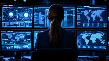 Cybersecurity expert in front of multiple computer screens monitoring digital security protocols Stock Photo with side copy space