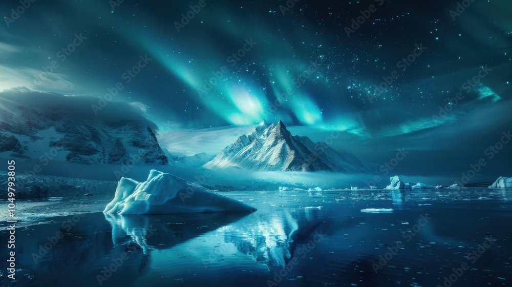 Poster a mesmerizing shot of a high-altitude glacier lake with floating, translucent icebergs and a rare, b