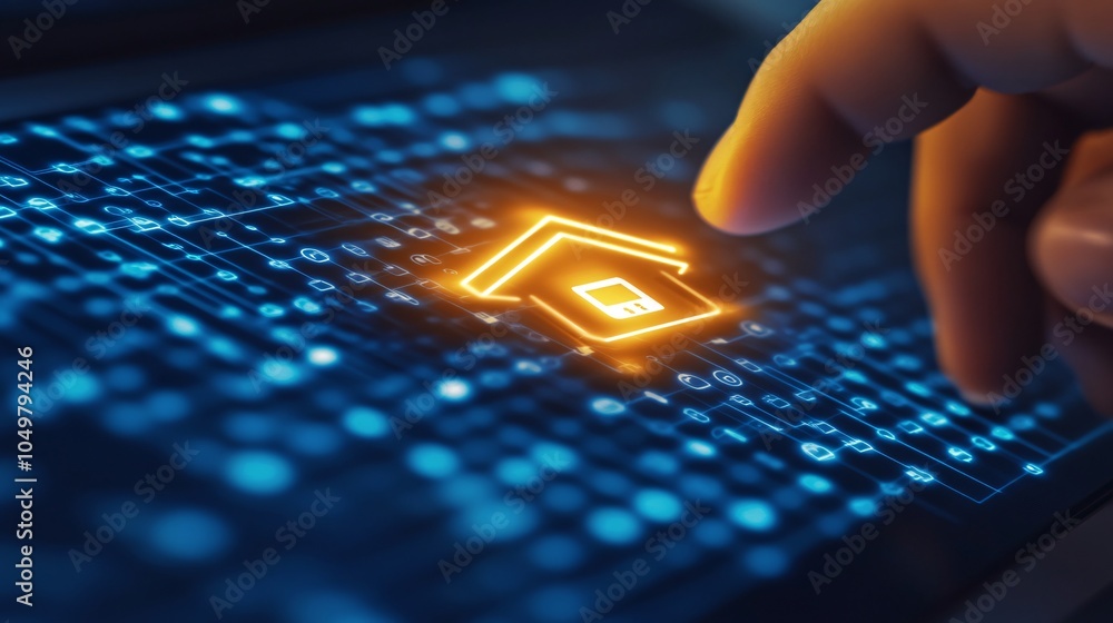 Poster homeowner reviewing smart home internet security settings to prevent unauthorized access stock photo