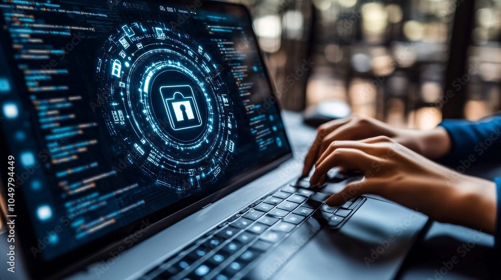 Aufkleber IT professional configuring advanced firewall settings on a business network to prevent hacking Stock Photo with side copy space