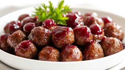 Elegant Meatballs with Lingonberry Sauce on White Plate