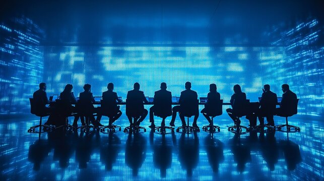 Business leaders discussing the implementation of new cybersecurity protocols in an office meeting Stock Photo with side copy space