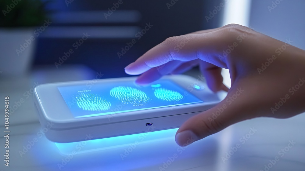 Aufkleber Individual setting up biometric security systems for personal devices to prevent identity theft Stock Photo with side copy space