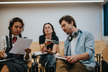 Obraz premium Students are actively engaged in a discussion with their professor. The scene captures a collaborative learning environment between classes, emphasizing communication, education, and student-teacher