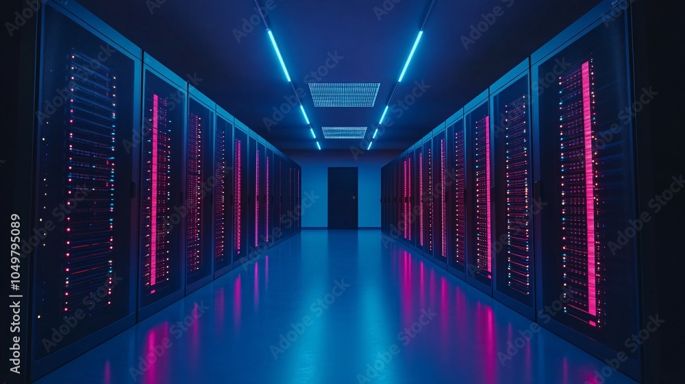 Poster Modern data center room with neatly organized cables and server racks Stock Photo with side copy space