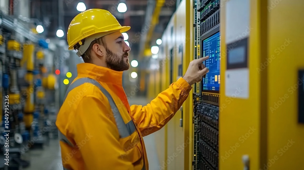 Poster Technician monitoring server performance on a touchscreen panel inside a data center room Stock Photo with side copy space