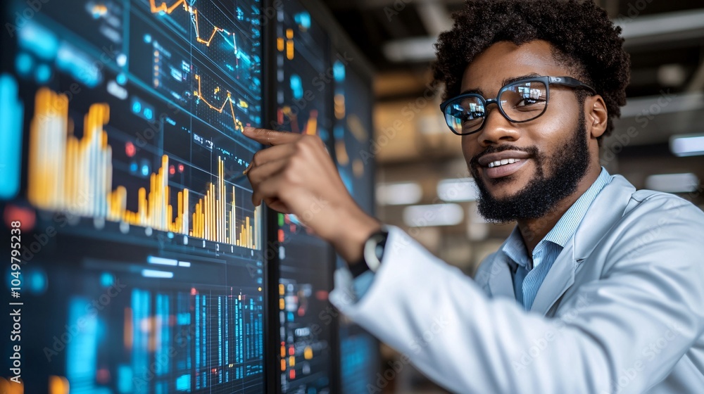 Poster Technician monitoring server performance on a touchscreen panel inside a data center room Stock Photo with side copy space