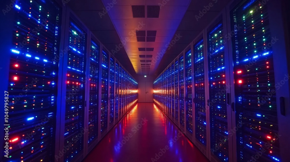 Aufkleber View of the interior of a massive data center with hundreds of server racks arranged in rows Stock Photo with side copy space