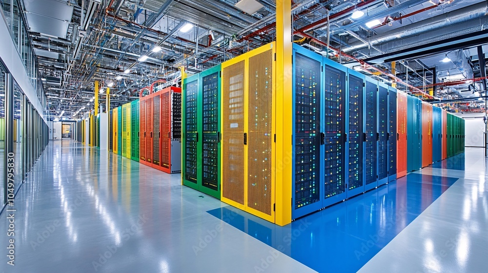 Aufkleber View of the interior of a massive data center with hundreds of server racks arranged in rows Stock Photo with side copy space