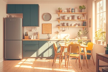 Kitchen Interior Design Illustration with Sunbeams and Wooden Table