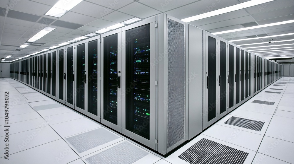 Poster Data center floor with cooling systems underneath the server racks and secure infrastructure Stock Photo with side copy space