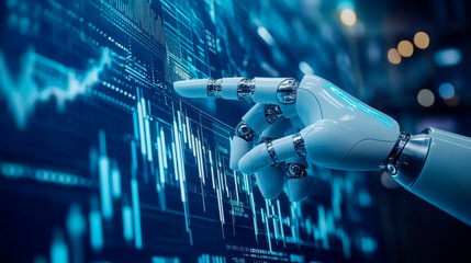 A  hand and robot arm reaching towards each other, with stock market charts in the background. 