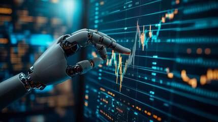A  hand and robot arm reaching towards each other, with stock market charts in the background. 